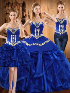 Classical Royal Blue Sleeveless Embroidery and Ruffles Floor Length Quinceanera Dresses