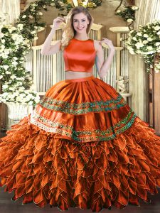 Smart Floor Length Two Pieces Sleeveless Rust Red Quinceanera Gowns Criss Cross