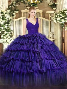 V-neck Sleeveless Ball Gown Prom Dress Floor Length Beading and Lace and Ruffled Layers Purple Organza