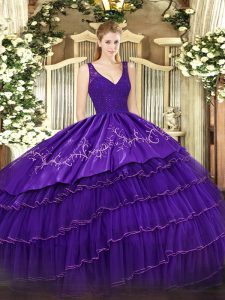 V-neck Sleeveless Quinceanera Gowns Floor Length Beading and Lace and Embroidery and Ruffled Layers Purple Organza and Taffeta