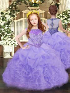 Scoop Sleeveless High School Pageant Dress Floor Length Beading and Ruffles and Pick Ups Lavender Organza