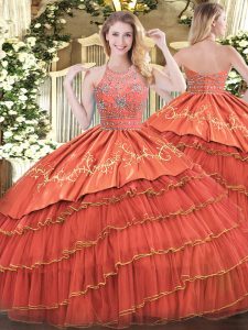 New Arrival Sleeveless Floor Length Beading and Embroidery and Ruffles Zipper Quinceanera Gowns with Rust Red