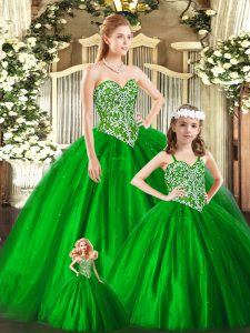 Hot Selling Green Ball Gowns Sweetheart Sleeveless Tulle Floor Length Lace Up Beading Quinceanera Gown