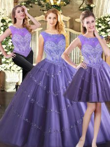 Lavender Three Pieces Tulle Scoop Sleeveless Beading Floor Length Zipper Sweet 16 Quinceanera Dress