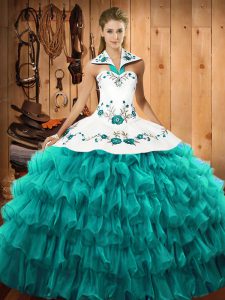 Fashionable Floor Length Turquoise Sweet 16 Dresses Organza Sleeveless Embroidery and Ruffled Layers