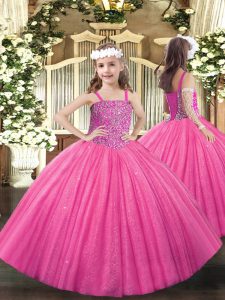 Floor Length Lace Up Winning Pageant Gowns Hot Pink for Party and Quinceanera with Beading