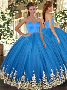 Fitting Blue Sleeveless Floor Length Appliques Lace Up Quinceanera Gowns