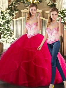 Floor Length Hot Pink Ball Gown Prom Dress Organza Sleeveless Beading and Ruffles