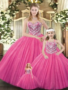 Delicate Hot Pink Ball Gowns Beading Quinceanera Dresses Lace Up Tulle Sleeveless Floor Length