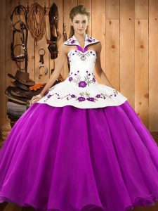 Lovely Satin and Tulle Halter Top Sleeveless Lace Up Embroidery Quinceanera Dresses in Fuchsia