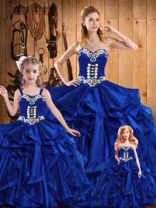 Royal Blue Ball Gowns Sweetheart Sleeveless Organza Floor Length Lace Up Embroidery and Ruffles 15th Birthday Dress