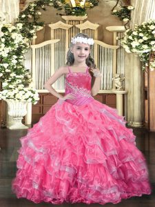 Hot Pink Straps Neckline Beading and Ruffled Layers Pageant Dress for Teens Sleeveless Lace Up