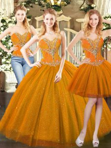 Floor Length Three Pieces Sleeveless Orange Red Sweet 16 Dresses Lace Up