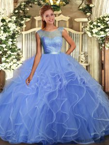 Custom Designed Sleeveless Tulle Backless Quince Ball Gowns in Multi-color with Beading and Ruffles