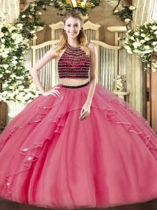 High Quality Floor Length Zipper Ball Gown Prom Dress Coral Red for Military Ball and Sweet 16 and Quinceanera with Beading and Ruffles