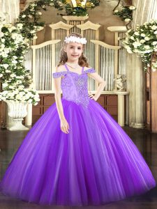 Ball Gowns Little Girls Pageant Dress Wholesale Lavender Off The Shoulder Tulle Sleeveless Floor Length Lace Up