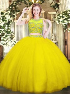 Yellow Green Tulle Zipper Sweet 16 Dress Sleeveless Floor Length Beading