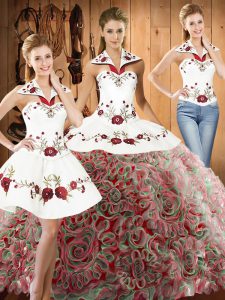 Colorful Fabric With Rolling Flowers Sleeveless Quinceanera Gowns Sweep Train and Embroidery