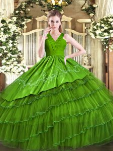 Luxury Olive Green Sleeveless Embroidery and Ruffled Layers Floor Length Quinceanera Dress