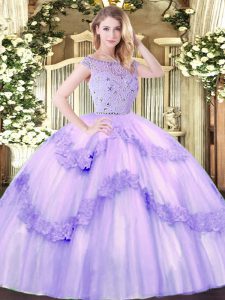 Lavender Ball Gowns Tulle Bateau Sleeveless Beading and Appliques Floor Length Zipper Sweet 16 Quinceanera Dress