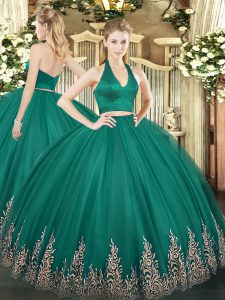 Custom Design Dark Green Halter Top Zipper Appliques Quinceanera Gown Sleeveless