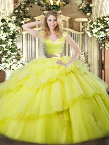 Beauteous Yellow Green 15th Birthday Dress Military Ball and Sweet 16 and Quinceanera with Ruffled Layers V-neck Sleeveless Zipper