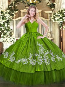 Olive Green Ball Gowns Satin and Tulle V-neck Sleeveless Embroidery Floor Length Zipper Sweet 16 Dresses