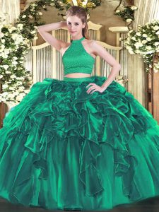 Beading and Ruffles Quince Ball Gowns Turquoise Backless Sleeveless Floor Length