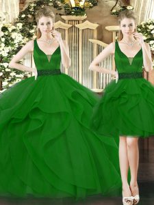 Straps Sleeveless Tulle Quinceanera Dresses Beading and Ruffles Lace Up