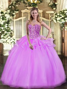 Beading and Ruffles Ball Gown Prom Dress Lilac Lace Up Sleeveless Floor Length