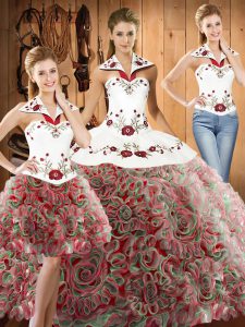 Sweet Halter Top Sleeveless Sweep Train Lace Up 15 Quinceanera Dress Multi-color Fabric With Rolling Flowers