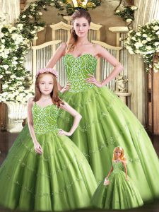 Sumptuous Olive Green Ball Gowns Tulle Sweetheart Sleeveless Beading Floor Length Lace Up Sweet 16 Dress