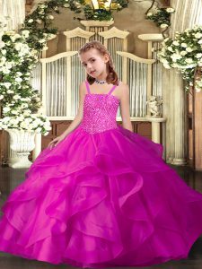 Organza Straps Sleeveless Lace Up Ruffles Evening Gowns in Fuchsia