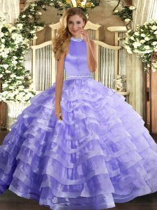 Sleeveless Floor Length Beading and Ruffled Layers Backless 15th Birthday Dress with Lavender