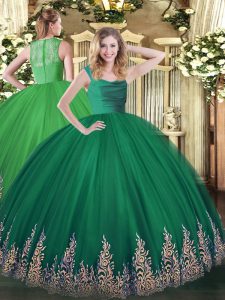 Dark Green Tulle Zipper Straps Sleeveless Floor Length Quinceanera Gown Lace and Appliques