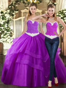 Floor Length Lace Up 15 Quinceanera Dress Purple for Military Ball and Sweet 16 and Quinceanera with Beading and Ruching