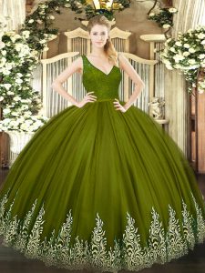 Beauteous Floor Length Olive Green Sweet 16 Dress V-neck Sleeveless Zipper