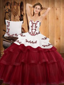 Edgy Burgundy Ball Gowns Strapless Sleeveless Tulle Sweep Train Lace Up Embroidery and Ruffled Layers Quinceanera Gowns