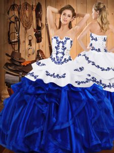 Customized Sleeveless Lace Up Floor Length Embroidery and Ruffles Quinceanera Dresses