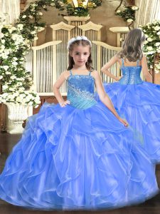 Excellent Blue Organza and Sequined Lace Up Straps Sleeveless Floor Length Pageant Dress for Teens Ruffles and Sequins