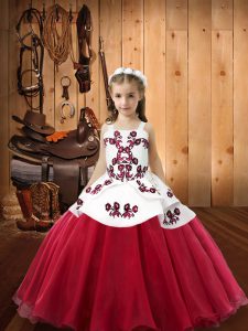 Floor Length Coral Red Pageant Gowns For Girls Organza Sleeveless Embroidery