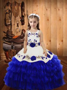 Classical Royal Blue Sleeveless Embroidery and Ruffled Layers Floor Length Pageant Dress Wholesale