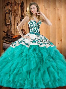 Turquoise Sleeveless Satin and Organza Lace Up Quince Ball Gowns for Military Ball and Sweet 16 and Quinceanera