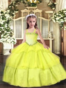 Yellow Straps Neckline Appliques and Ruffled Layers Pageant Dress Sleeveless Lace Up