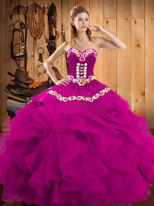 Elegant Fuchsia Sleeveless Satin and Organza Lace Up Vestidos de Quinceanera for Military Ball and Sweet 16 and Quinceanera