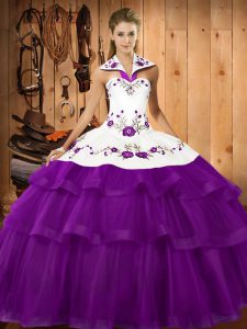 Beauteous Purple Sleeveless Organza Sweep Train Lace Up Quinceanera Gown for Military Ball and Sweet 16 and Quinceanera