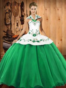 Cute Green Ball Gowns Embroidery Ball Gown Prom Dress Lace Up Satin and Tulle Sleeveless Floor Length