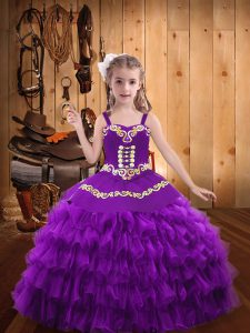 Straps Sleeveless Girls Pageant Dresses Floor Length Beading and Embroidery and Ruffled Layers Purple Organza