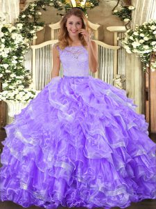 Ball Gowns Sweet 16 Dress Lavender Scoop Organza Sleeveless Floor Length Clasp Handle