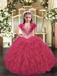 Beading and Ruffles Kids Formal Wear Hot Pink Lace Up Sleeveless Floor Length